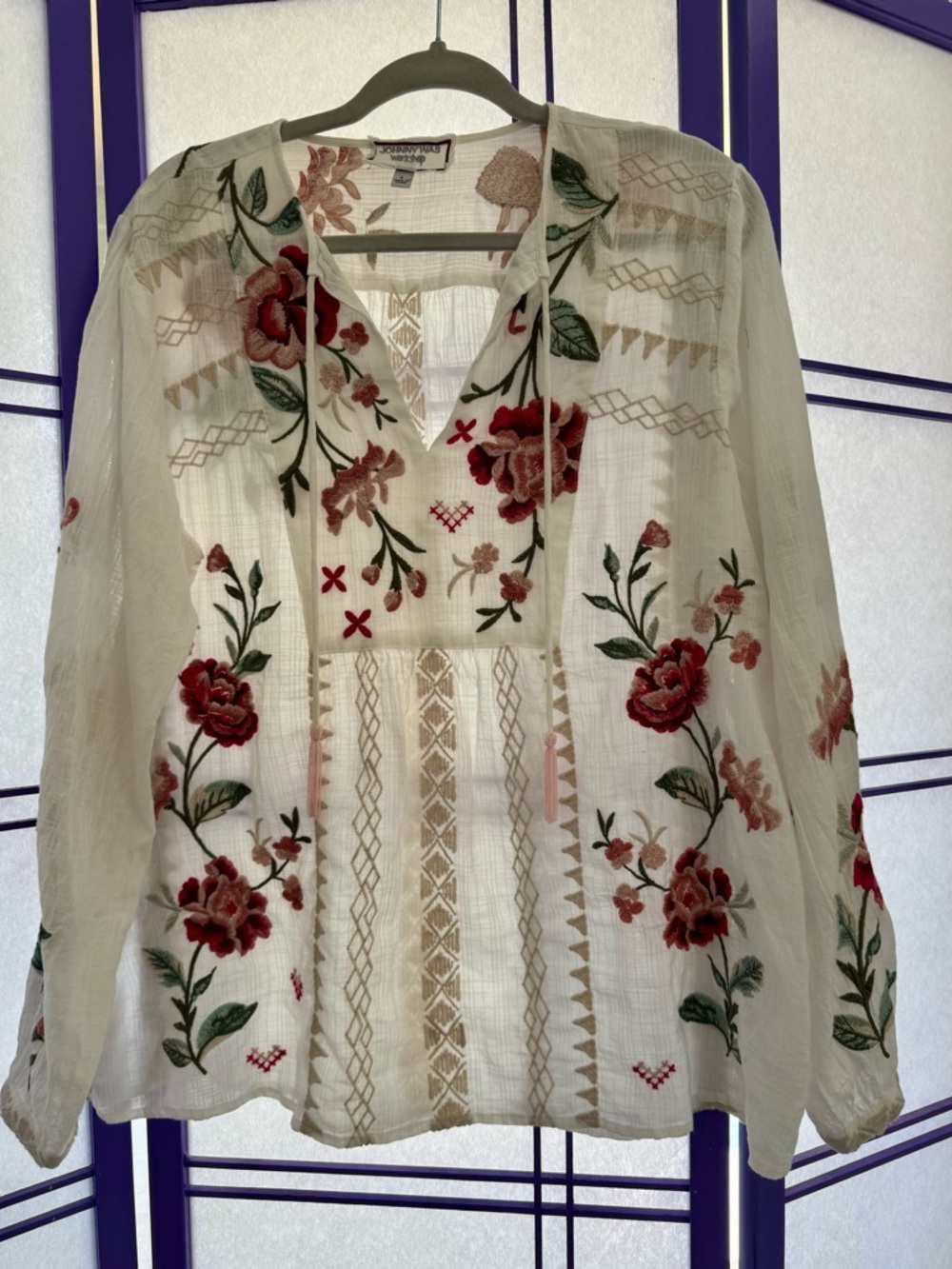 Johnny Was White Tunic with Red Rose Embroidery